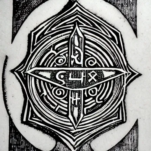 Image similar to shield iconography old occult runes intaglio etching engraving alchemy ink witchcraft