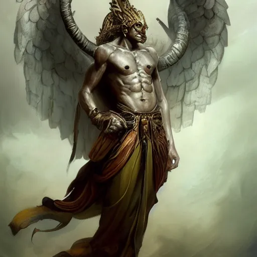 Prompt: full body shot of a male god with wings on his shoulder, highly detailed, by raymond swanland and peter mohrbacher, face by odd nerdrum, character concept art, hyperrealistic, digital paint, rule of third, fantasy, elegant, matte, 4 k, cinematic lighting