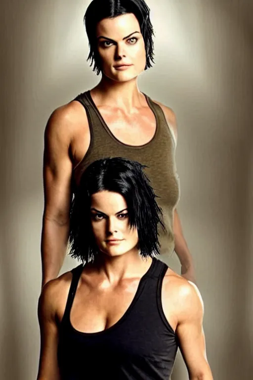 Image similar to realistic photograph. warrior woman, 2 7 years old, in her bedclothes. jaimie alexander. her hair is short, straight, raven - black. fair - complected but tan. tall and gracile, except for her thick ripped vascular buff muscular arms and her ample bust. she wears tight, white tanktop lose, comfortable, red pajama pants.