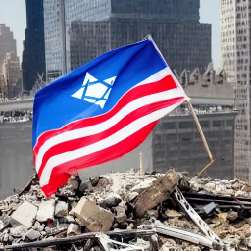 Image similar to a closeup of Rudy Giuliani waving an Israeli flag while laughing hysterically on top of the world trade center rubble pile in new york