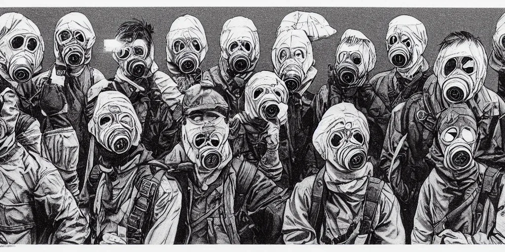 Prompt: detailed conceptual realistic art rgba color risograph of wolfs gang photo group, theyre using wolf gas mask, other using grey bandana but no mask, by moebius and dirk dzimirsky and satisho kon, close - up wide portrait