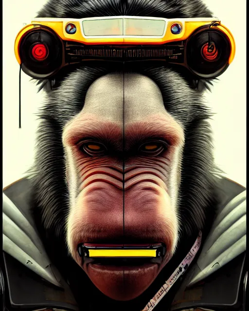 Image similar to a portrait of an anthropomorphic cyberpunk baboon by sandra chevrier, detailed render, tape deck, epic composition, cybernetics, 4 k realistic, cryengine, realistic shaded lighting, sharp focus, masterpiece, by matteo scalera, gary montalbano, peter elson in the style of the tokyo ghost comic