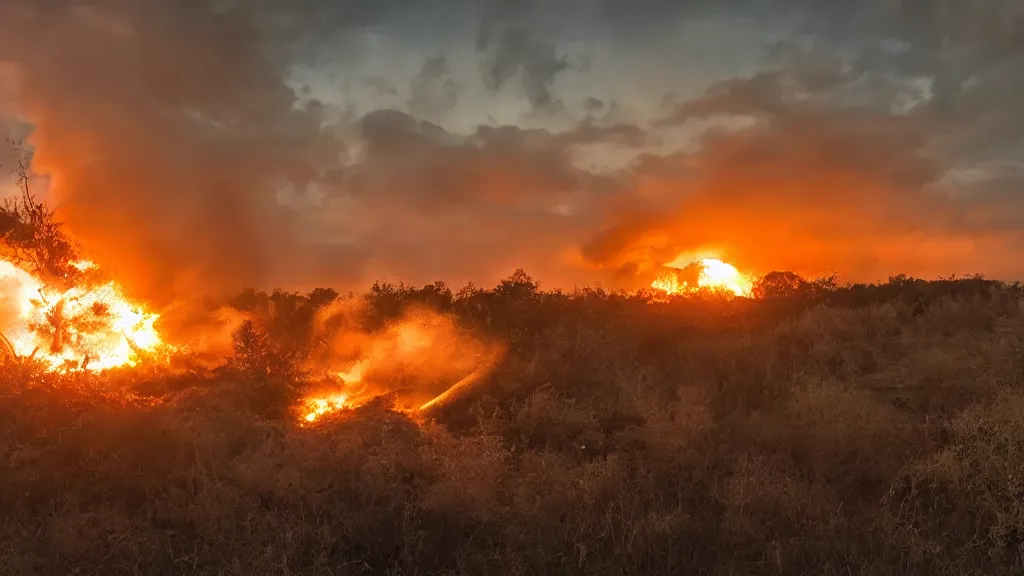 Prompt: movie still of a massive explosion, sunset, golden hour, dramatic