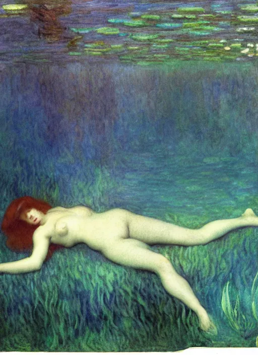 Image similar to lady laying under the sea on the seabed amongst the weeds, underwater shot, submerged, medium shot, on the bed of the river preraphaelite colour photography by rosetti and monet, 8 k