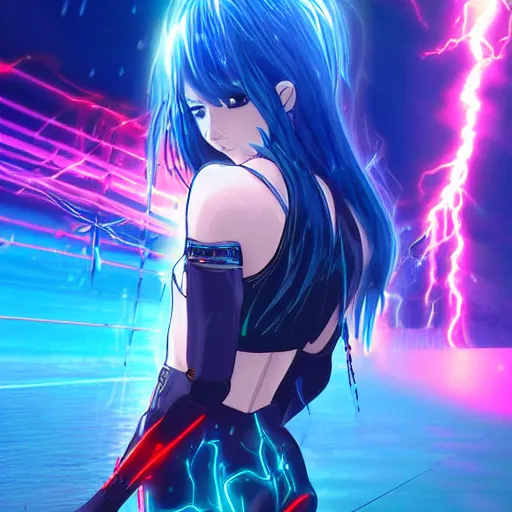 Image similar to digital anime!!, cyborg - girl standing in a azure blue crystal lake, lightning, raining!!, water refractions!!, black red long hair!, biomechanical details, neon background lighting, reflections, wlop, ilya kuvshinov, artgerm