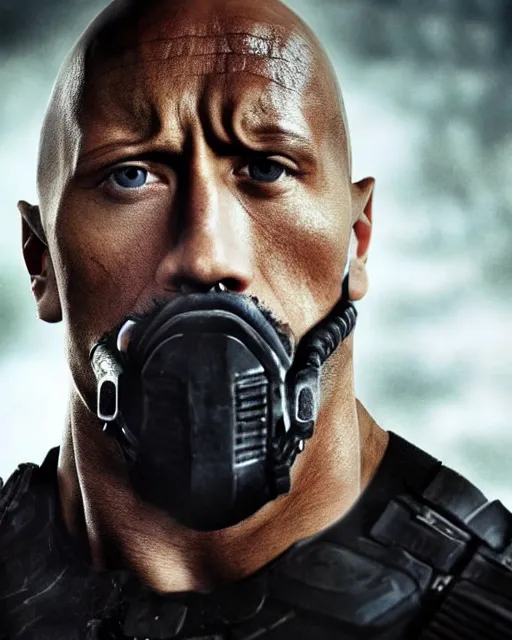 Image similar to film still close up shot of dwayne johnson as bane from the movie the dark knight rises. photographic, photography