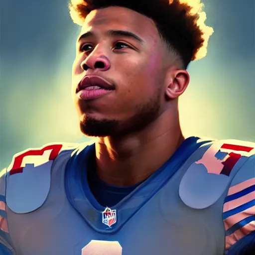 Prompt: highly detailed portrait of saquon barkley wearing a ny giants football shirt, unreal engine, fantasy art by greg rutkowski, loish, rhads, ferdinand knab, makoto shinkai and lois van baarle, ilya kuvshinov, rossdraws, tom bagshaw, global illumination, radiant light, detailed and intricate environment h 6 0 4