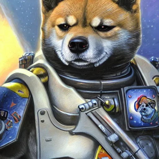 Image similar to The Shiba Inu Space Marine, close-up portrait art by Donato Giancola and James Gurney, digital art, trending on artstation