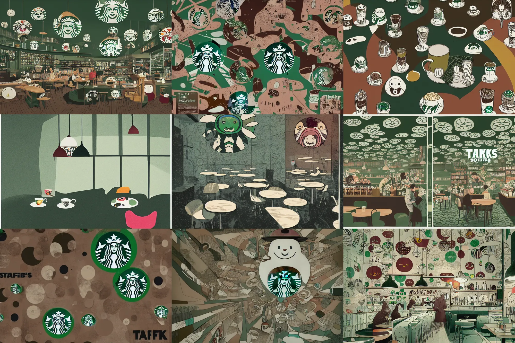 Prompt: editorial illustration by karolis strautniekas and mads berg, illustrated starbucks interior, low fog, fine texture, detailed, ( ( dark green, white, brown ) ), muted colors, dramatic lighting, dynamic composition, vivid, matte print, wide angle, ( ( sunbeams ) ), moody, colorful, takashi murakami