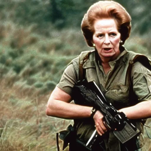 Prompt: A movie still of Margaret Thatcher as Rambo in Rambo First Blood (1982)