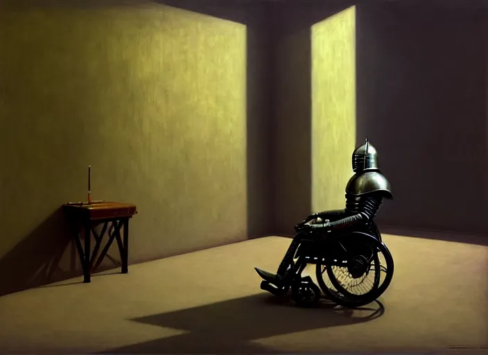 Image similar to knight in armor in a wheelchair do tricks, minsk, highly detailed, soft lighting, elegant, works by edward hopper and james gillard, zdislaw beksinski, stephen outram, andreas m wiese, highly detailed, masterpiece. rendered in blender, smooth shadows, ultra detail, high resolution, unreal 6, 8 k