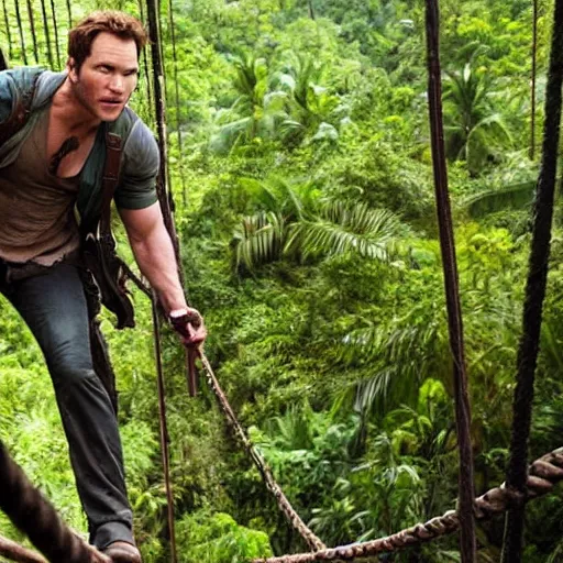 Image similar to Chris Pratt playing India Jones, crossing a rope bridge across a huge chasm in the jungle, machete in hand