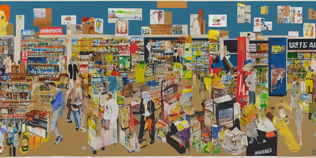 Prompt: mixed media David salle painting of a supermarket, line art cartoon figures superimposed on it