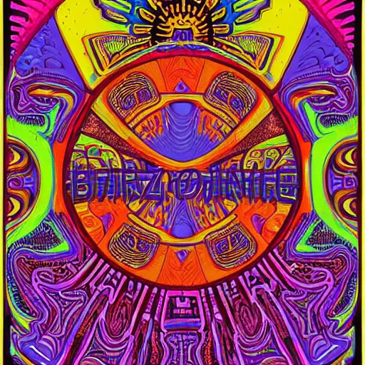 Prompt: Fillmore concert poster for The Bozone April 20, 1969 by Victor Moscoso, by Wes Wilson, by Glen Orbik, psychedelic, intricate paisley filigree, Bozo the clown. Circus motif, red clown nose, infinite fractal mandala tunnel, day-glo colors, Unreal Engine, HD 4D, flowing lettering