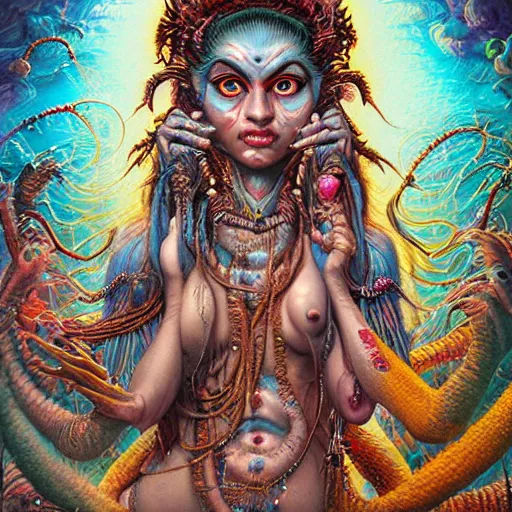 Prompt: photorealistic detailed strange mutated abomination creature image female sadhu fusion with underworld Indian goddess by James Cameron, hyper detailed, ultra High definition, Lisa Frank, Steven Spielberg, Peter Morbacher, Ayami Kojima, Boris Vallejo, Frank Bairstow, Greg Hildebrandt, Mark Brooks, Alex Grey, multicolors. Beksinski, Takato Yamamoto, hyper realism, 8K, IMAX quality, Unreal engine 5