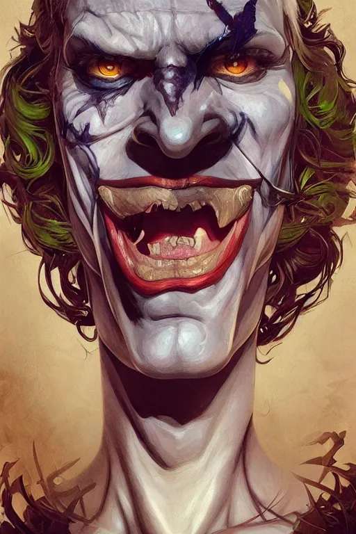 Image similar to portrait of the joker, forest, godlike, full body, fantasy, intricate, elegant, highly detailed, digital painting, artstation, concept art, sharp focus, illustration, art by artgerm and greg rutkowski and alphonse mucha