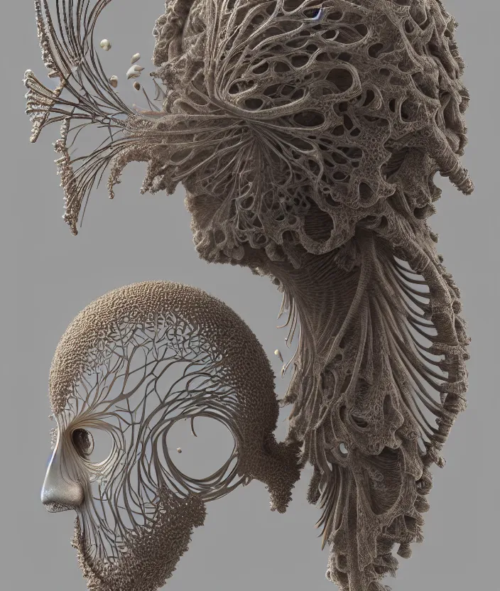 Image similar to portrait intricate mask, eagle coral, jelly fish, mandelbulb 3 d, fractal flame, octane render, cyborg, biomechanical, futuristic, by ernst haeckel