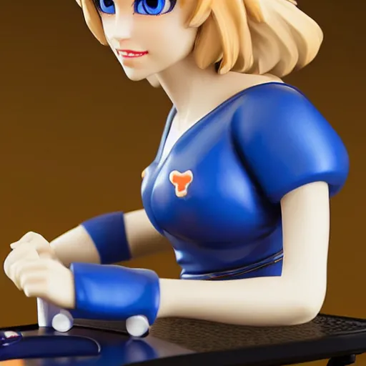 Image similar to a cute figurine of a beautiful blonde woman with blue eyes gaming on xbox