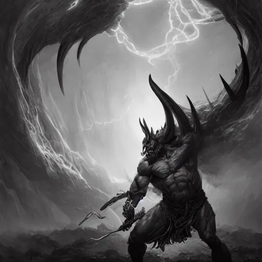 Image similar to full body, grayscale, muscled humanoid balrog demon, horns, claws, large horned tail, heroic pose, swirling flames, Sorie Kim, Gustave Dore, Greg Rutkowski,