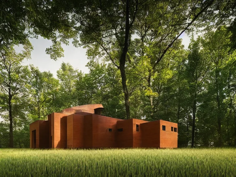 Image similar to hyperrealism design by frank lloyd wright and kenzo tange photography of beautiful detailed small house around the forest in small ukrainian village by taras shevchenko and wes anderson and caravaggio, wheat field behind the house, volumetric natural light