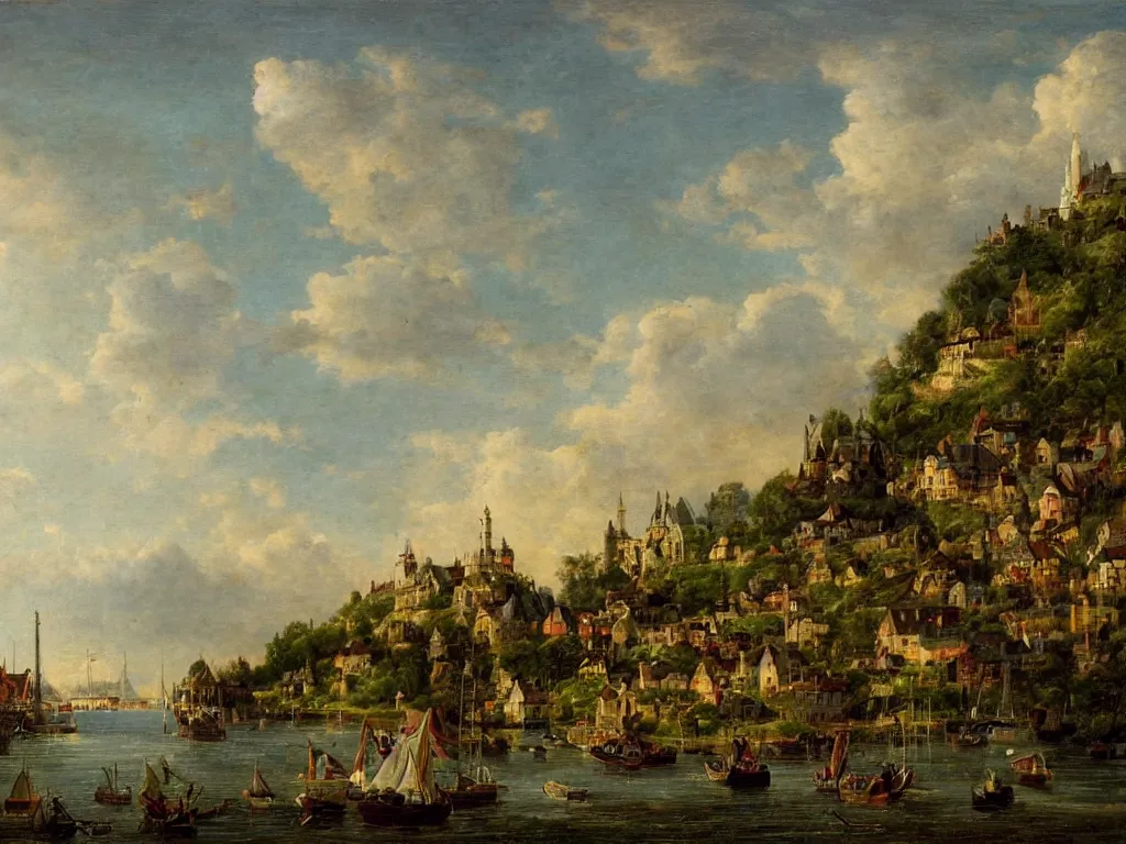 Image similar to a small fantasy village, viewed from the harbor, by jean - baptist monge,