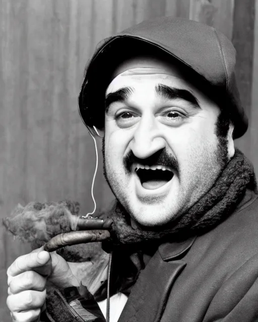 Prompt: headshot of a crazed john belushi smoking a cigar, he is wearing a leather bomber cap on his head, he has on aviator goggles, he is also wearing an a 2 flight jacket, a long white wool scarf is wrapped around his neck, he has a 5 o'clock shadow