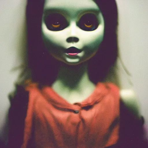 Prompt: fujifilm superia photo of a scary doll in empty office room, liminal, gloomy, grainy