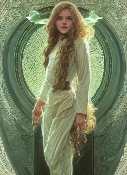 Image similar to a young april with a mischievous face and extremely long blonde wavy hair dressed in a green pale mechanic suit, she is a jedi, intricate detailed face, artgerm, greg rutkowski, alphonse mucha