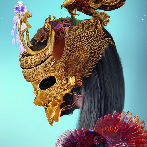 Image similar to 3 d goddess close - up profile portrait russian with ram skull. beautiful intricately detailed japanese crow kitsune mask and clasical japanese kimono. betta fish, jellyfish phoenix, bio luminescent, plasma, ice, water, wind, creature, artwork by tooth wu and wlop and beeple and greg rutkowski