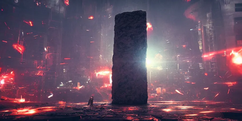 Image similar to a huge towering and broken stone tablet with red light + alien pattern, stands in the center of a prosperous city at the end of the world, and the power and energy is explode, secret, mysterious, doomsday, landscape, video game control, quantum break, arknights,