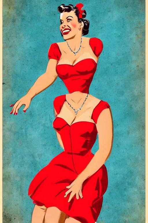 Image similar to a portrait of a beautifull woman, wearing a red dress,with a beautifull smile,in a bloe background. in american style pin up.anatomically correct