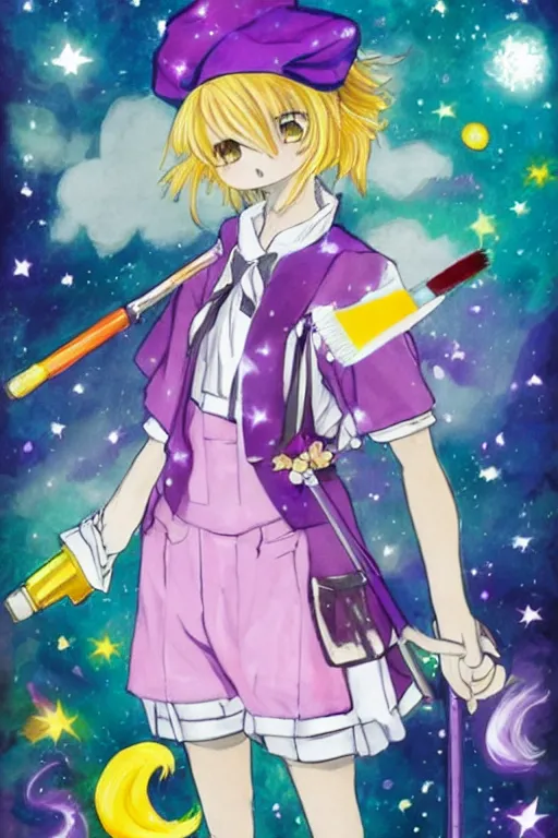 Prompt: A character sheet with a dramatic pose of an anime magical girl holding a paintbrush with short blond hair and freckles wearing an oversized purple Beret, Purple overall shorts, jester shoes, a long yellow scarf, and white leggings covered in stars. Surrounded by clouds and the night sky. Rainbow accents on outfit. Card captor Sakura inspired. By Naoko Takeuchi. By CLAMP. By WLOP.