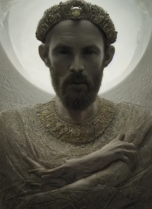 Image similar to wisened philosopher king (an absolute monarch of his ancient european kingdom) resides on his throne, his gaze transfixed on the horizon of infinity, his mind contemplating eternity, highly detailed DnD portrait by Raffaello Ossola and Ross Tran and Greg Rutkowski and Zdzisław Beksiński, stunning detail, 8k, 4k