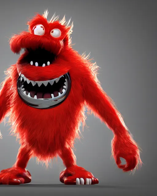 Image similar to 3 d render of completely red hairy friendly monster smiling wearing chrome shades, simple, cute, cartoony, white background, unreal engine 5 hdr