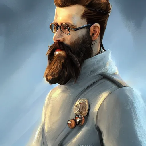 Image similar to portrait of a Germanic man with a beard and flight suit, D&D, sci-fi, elegant, hopeful, muscular, highly detailed, digital painting, artstation, concept art, smooth, sharp focus, illustration