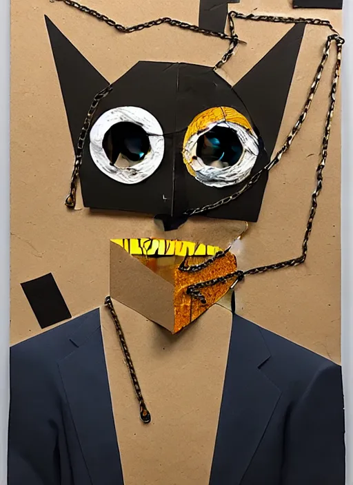 Image similar to a man with a moth mask, cardboard and scotch tape, chain, collage, acrylic on canvas, expressionism movement, breathtaking detailed, by blake neubert