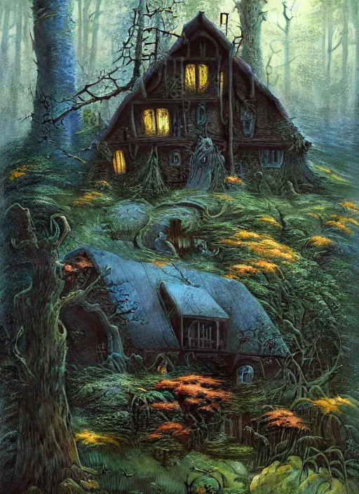 Image similar to hyper realistic witch cottage with mood lighting and technology in the woods gorgeous lighting, sunbeams blue sky, highly detailed, lush forest foliage painting by zdzisław beksinski and norman rockwell and greg rutkowski weta studio, and lucasfilm