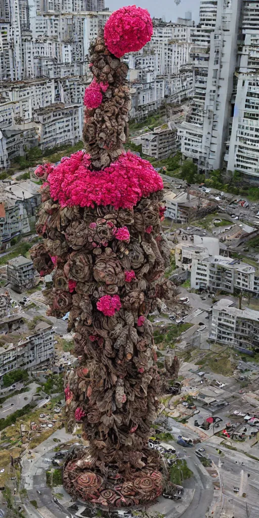 Image similar to giant grotesque flower in the middle of abandoned post soviet constructivist cityscape, ultradetailed by Josan Gonzalez and Giuseppe Arcimboldo