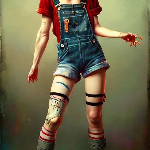 Image similar to full body pose, grungy alice, torn overalls, short shorts, combat boots, fishnets, beautiful, highly detailed face, true anatomy!, extremely detailed!, digital painting, unreal engine 5, art by tom bagshaw