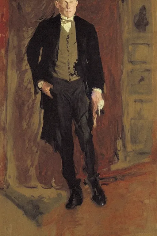 Image similar to portrait of ed harris as a gentleman wearing a a red edwardian suit by walter sickert, john singer sargent, and william open