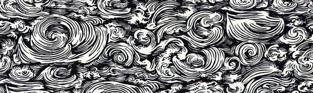 Prompt: Elaborate wallpaper print of Clouds and ocean waves in the style of Albrecht Durer, high contrast finely carved woodcut black and white crisp edges