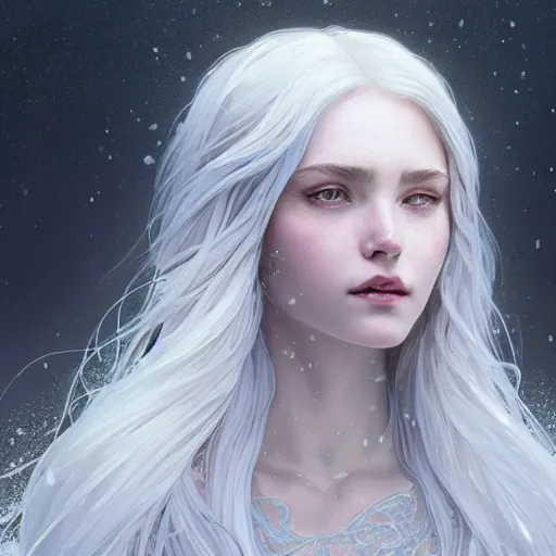 Image similar to girl with super long hair, hair becoming white snow, intricate, highly detailed, digital painting, artstation, concept art, smooth, sharp focus, illustration, unreal engine 5, 8 k, art by artgerm and greg rutkowski and alphonse mucha