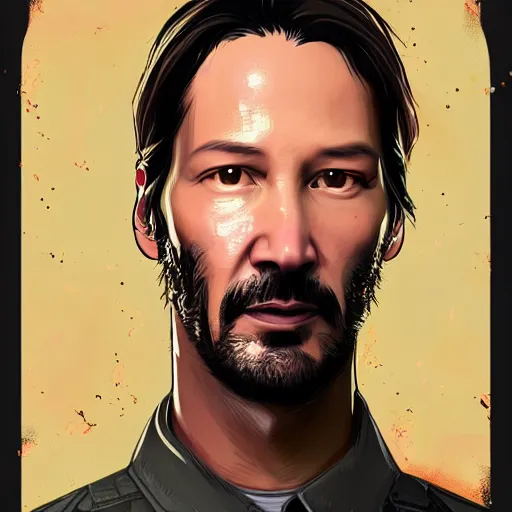 Image similar to keanu reevez in the art style of disco elysium