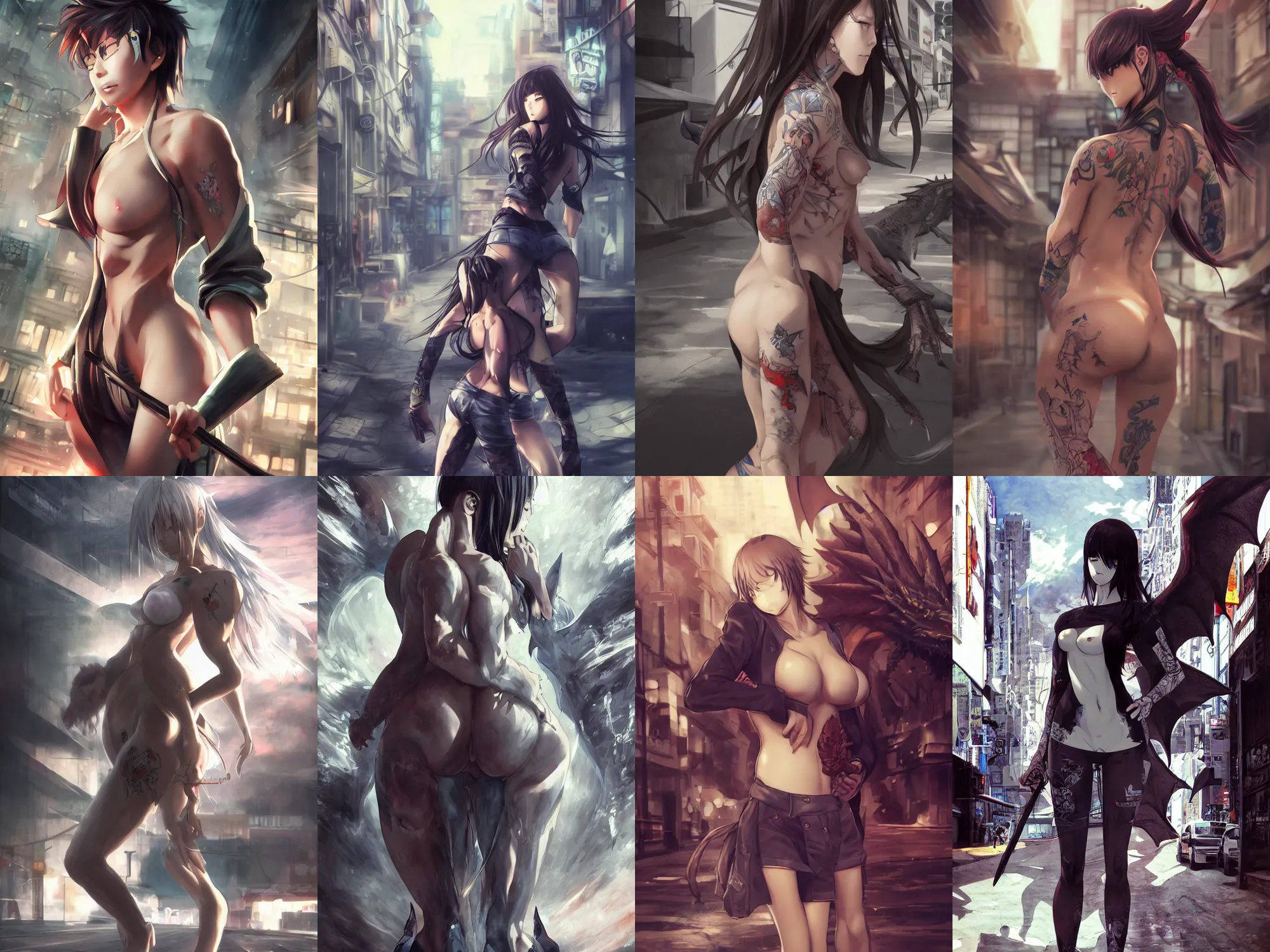 Prompt: Digital anime art by WLOP and Mobius, Downtown street, midday, young woman martial artist, mostly bare back, wearing pants, wearing clothes, tattoo of large dragon, preparing to fight, multiple yakuza opponents, highly detailed, realistic day lighting