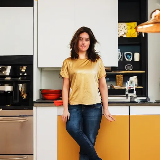 Prompt: a candid photo of a brunette female, young, athletic, australian, wearing a gold tshirt in a kitchen