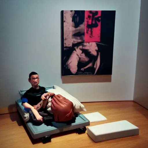 Image similar to eminem lying in tracey emin's bed, stop motion vinyl action figure, plastic, toy, butcher billy style