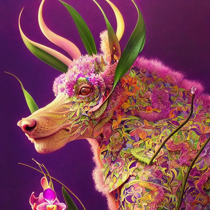 Image similar to psychedelic animal made of orchid, diffuse lighting, fantasy, intricate, elegant, highly detailed, lifelike, photorealistic, digital painting, artstation, illustration, concept art, smooth, sharp focus, art by John Collier and Albert Aublet and Krenz Cushart and Artem Demura and Alphonse Mucha