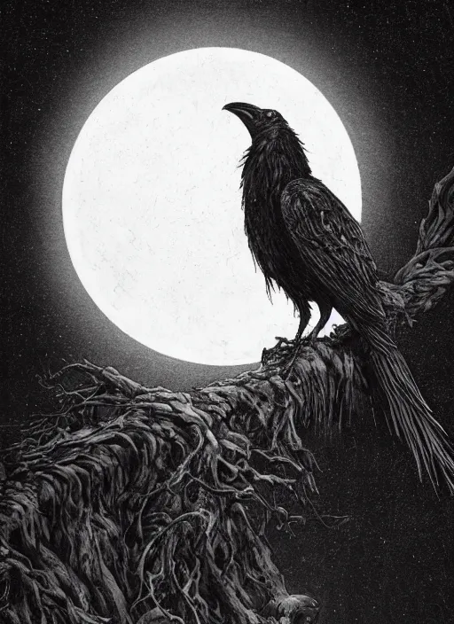 Prompt: crow on tree in front of the full big moon, dramatic lighting, cinematic, establishing shot, extremely high detail, foto realistic, cinematic lighting, pen and ink, intricate line drawings, by Yoshitaka Amano, Ruan Jia, Kentaro Miura, Artgerm, post processed, concept art, artstation,
