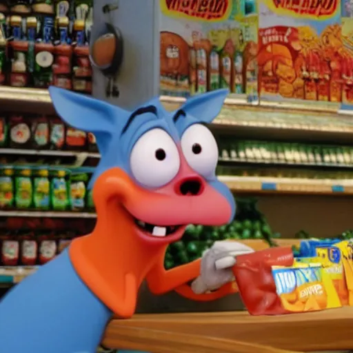 Image similar to stimpy at a grocery store, pixar, brightly lit,