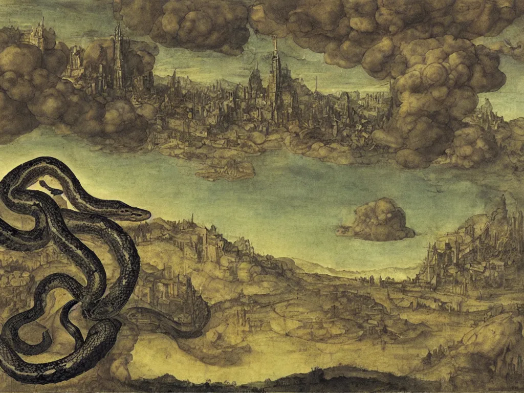 Image similar to Anaconda snake coiled around a large, white cloud, above a deserted, post-apocalyptic city. Painting by Durer.